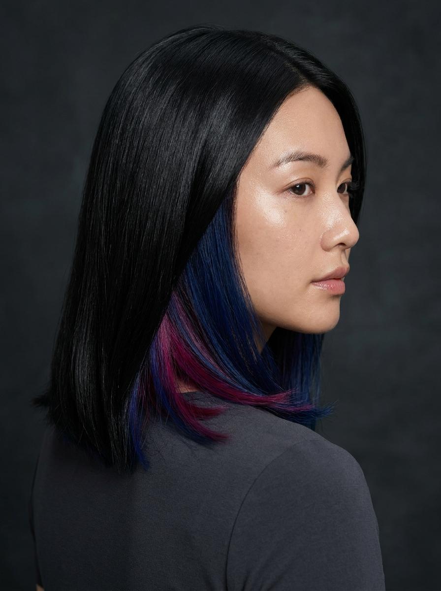 Schwarze Haare mit Peekaboo Farbe - Peekaboo Hair Idee